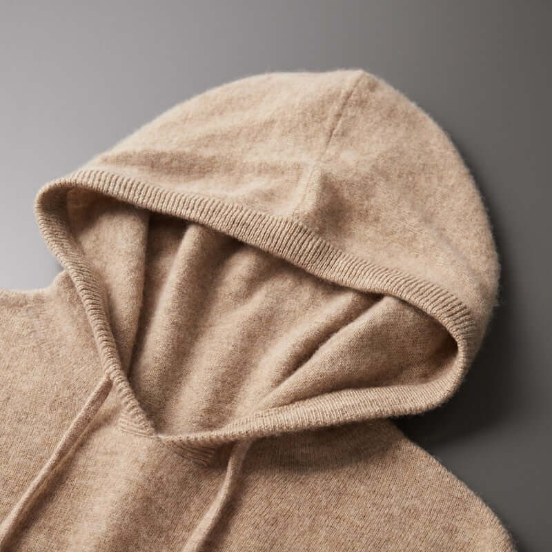 Men's plain knitted hoodie with drawstring hood and long sleeves