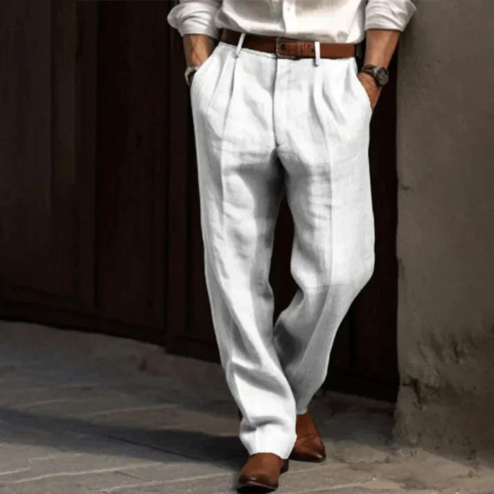 Men's Linen Trousers, Relaxed Classic Fit Lightweight Casual Summer Trousers