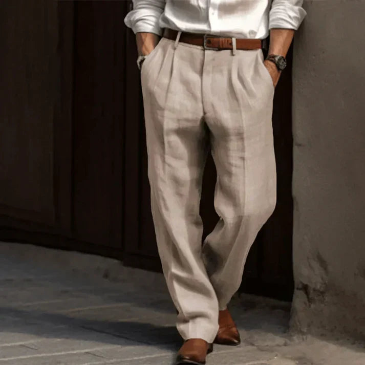 Men's Linen Trousers, Relaxed Classic Fit Lightweight Casual Summer Trousers