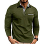 Men's long sleeve polo shirt with checked collar trim and button placket