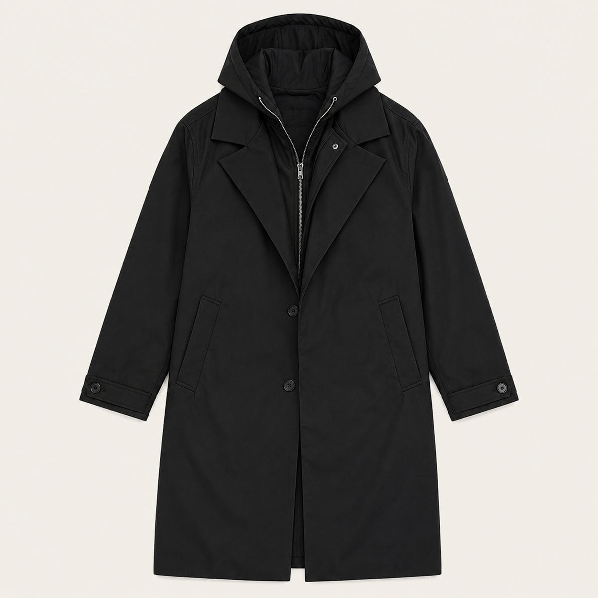 Men's hooded long parka coat with lapels, button front and side pockets