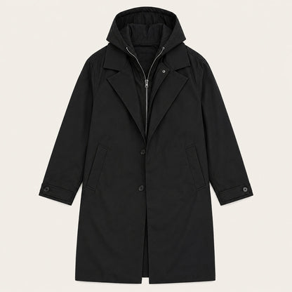 Men's hooded long parka coat with lapels, button front and side pockets