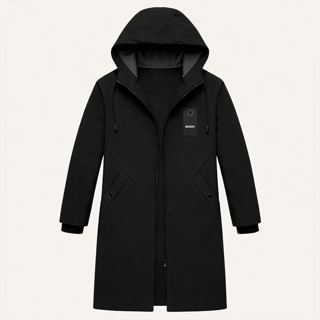 Men's long hooded rain jacket with zip front and covered pockets
