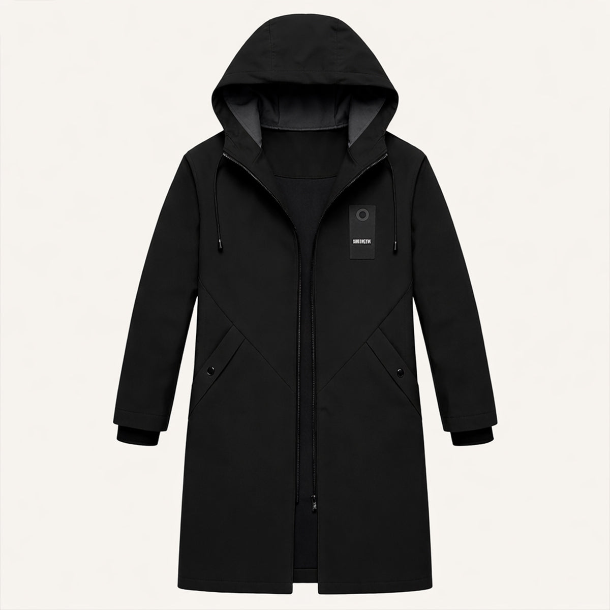 Men's long hooded rain jacket with zip front and covered pockets