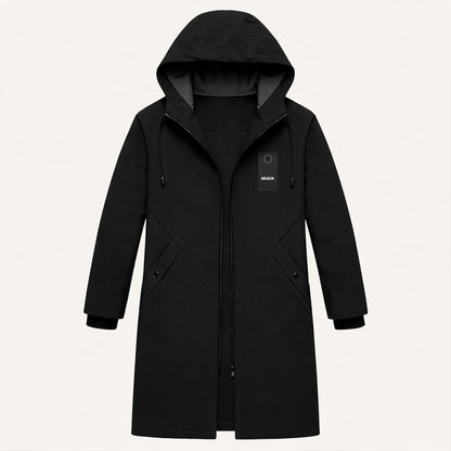 Men's long hooded rain jacket with zip front and covered pockets
