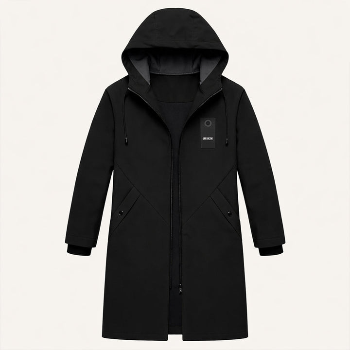 Men's long hooded rain jacket with zip front and covered pockets