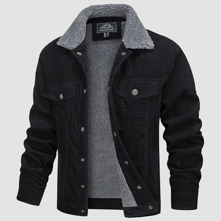 Men's corduroy jacket with textured sherpa collar, button front and flap pockets