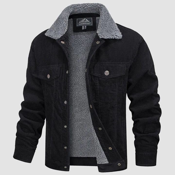 Men's corduroy jacket with textured sherpa collar, button front and flap pockets
