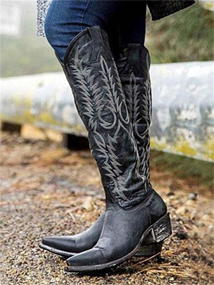 Embroidered knee-high Western cowboy boots