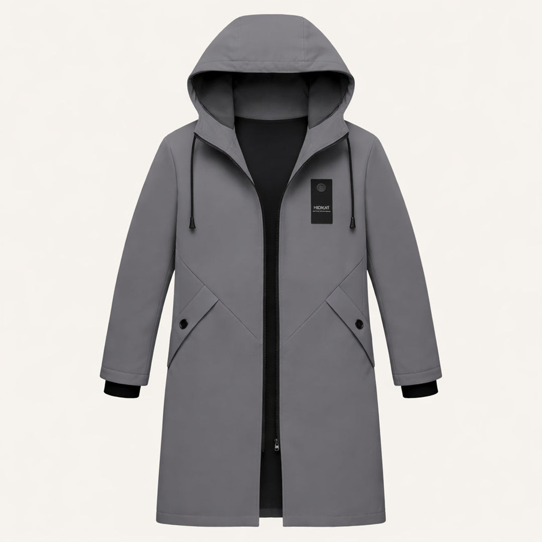 Men's long hooded rain jacket with zip front and covered pockets