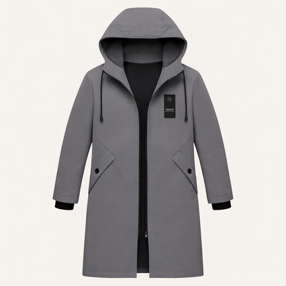 Men's long hooded rain jacket with zip front and covered pockets