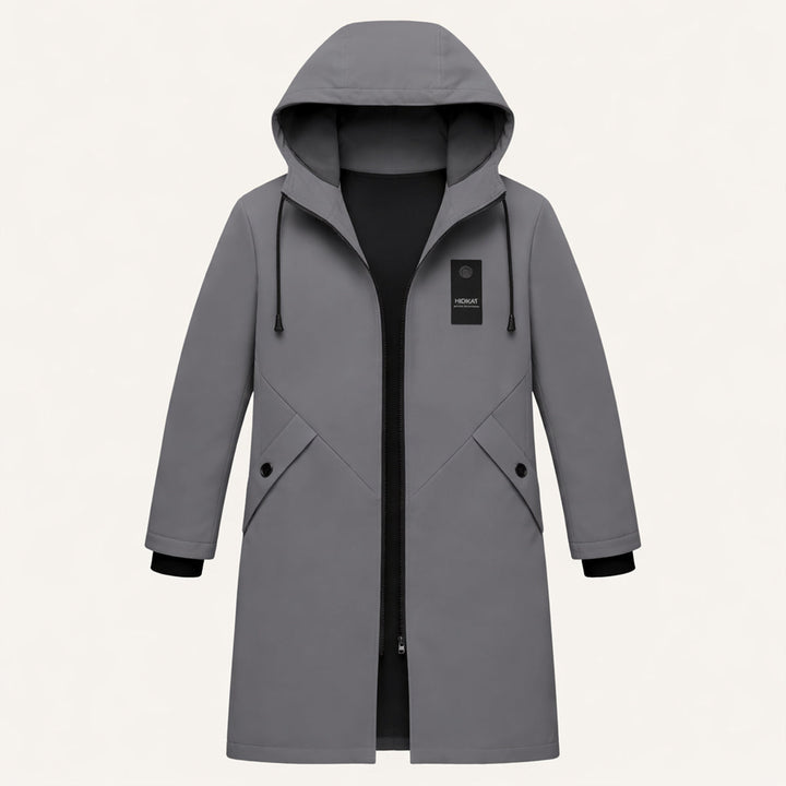 Men's long hooded rain jacket with zip front and covered pockets