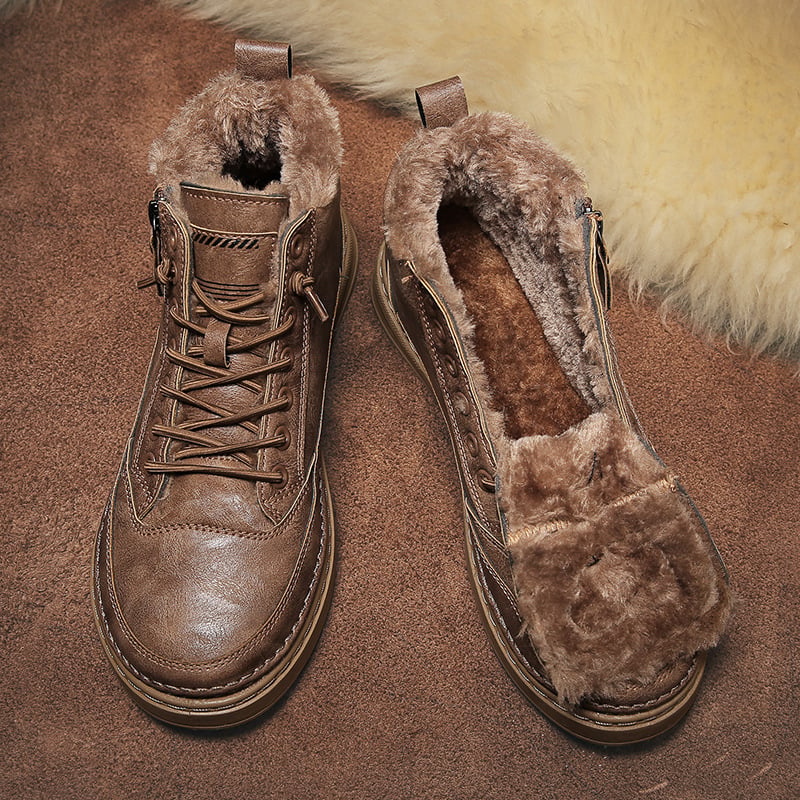 Men's lace-up ankle boots with faux-fur lining, side zip and flat soles