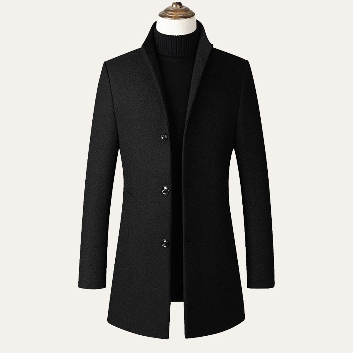 Men's single-breasted overcoat with notched lapels, long sleeves and side pockets