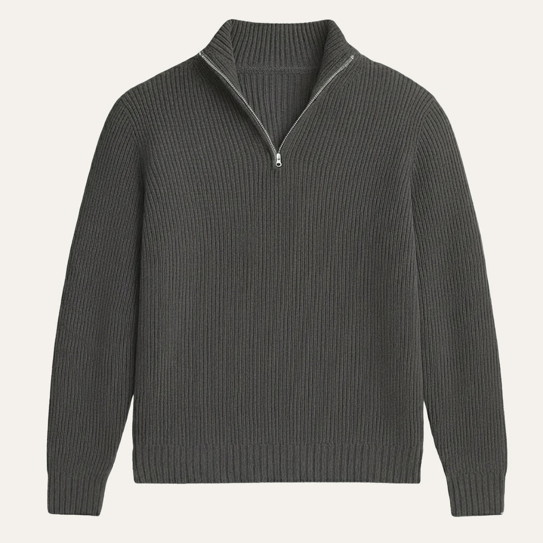 Men's ribbed knit half-zip sweater with mock neck and long sleeves
