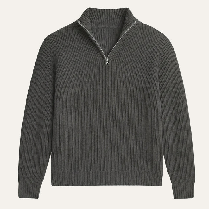 Men's ribbed knit half-zip sweater with mock neck and long sleeves