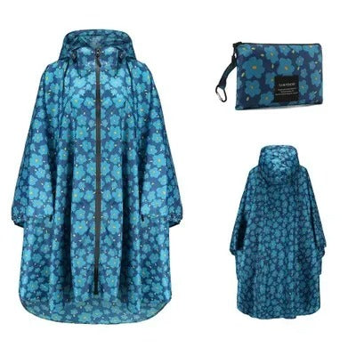 Patterned hooded rain poncho with zip front and matching pouch