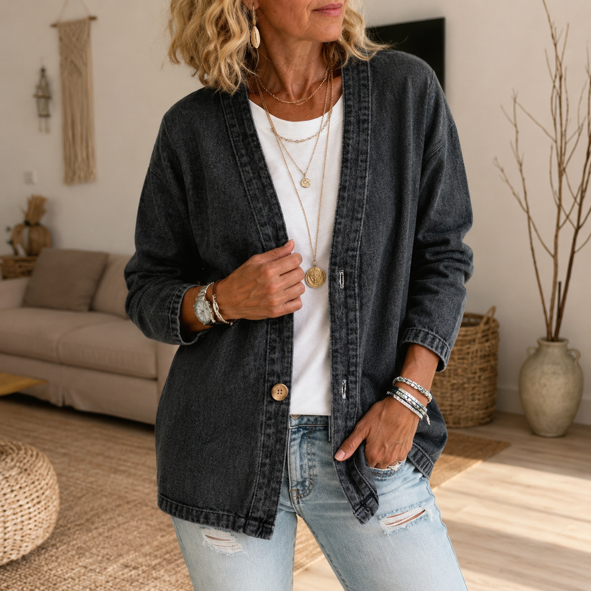 Collarless soft-denim-look button-down cardigan
