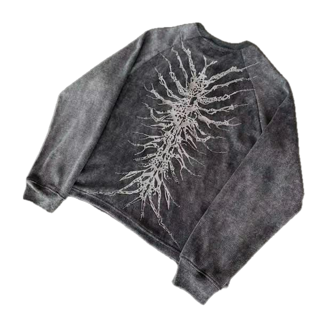 Unisex gray graphic crew neck sweatshirt with skeletal design