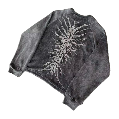 Unisex gray graphic crew neck sweatshirt with skeletal design