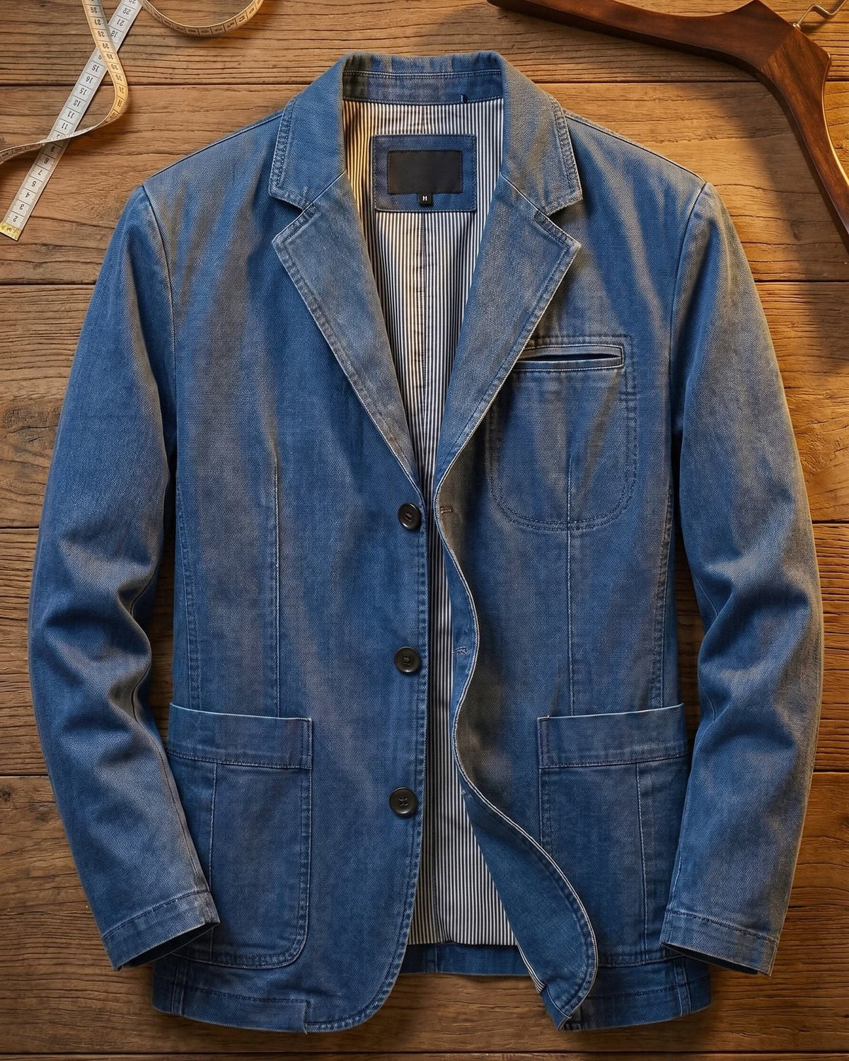 Washed blazer with notched lapels, button front, long sleeves and patch pockets