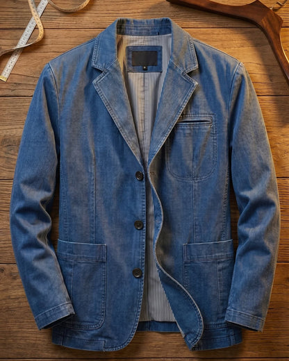 Washed blazer with notched lapels, button front, long sleeves and patch pockets