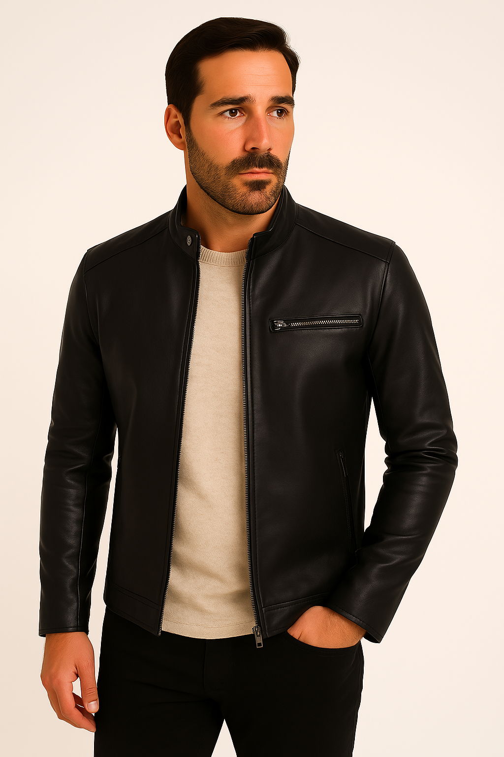 Men's stand collar jacket with zip front and chest pocket