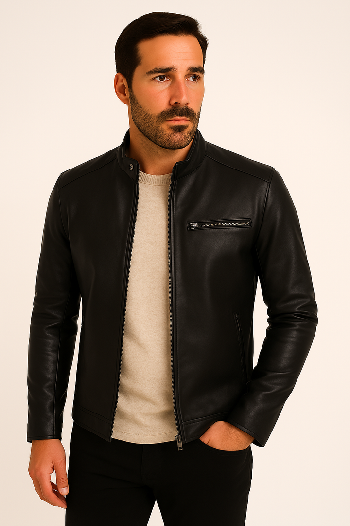 Men's stand collar jacket with zip front and chest pocket