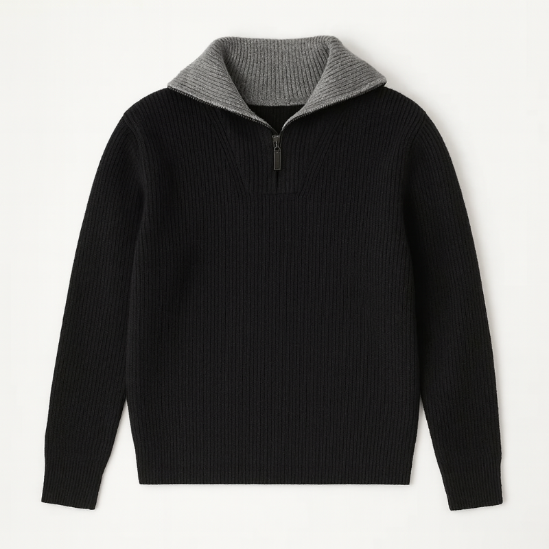 Men's ribbed quarter-zip sweater with high mock neck and long sleeves