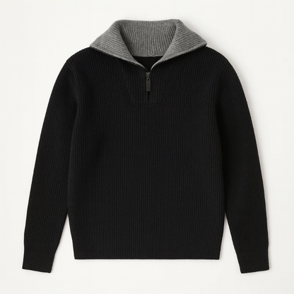Men's ribbed quarter-zip sweater with high mock neck and long sleeves