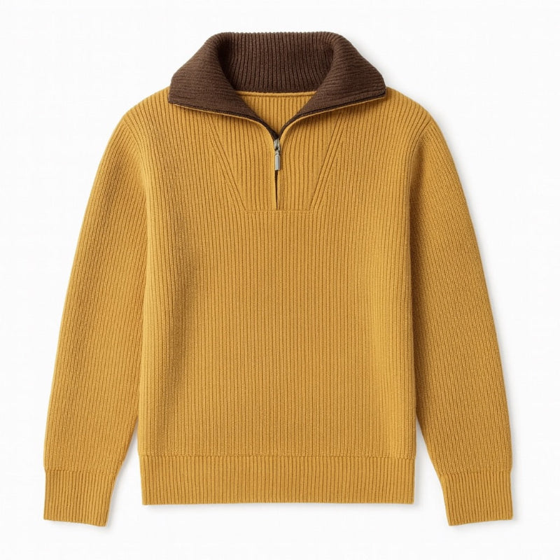 Men's ribbed quarter-zip sweater with high mock neck and long sleeves