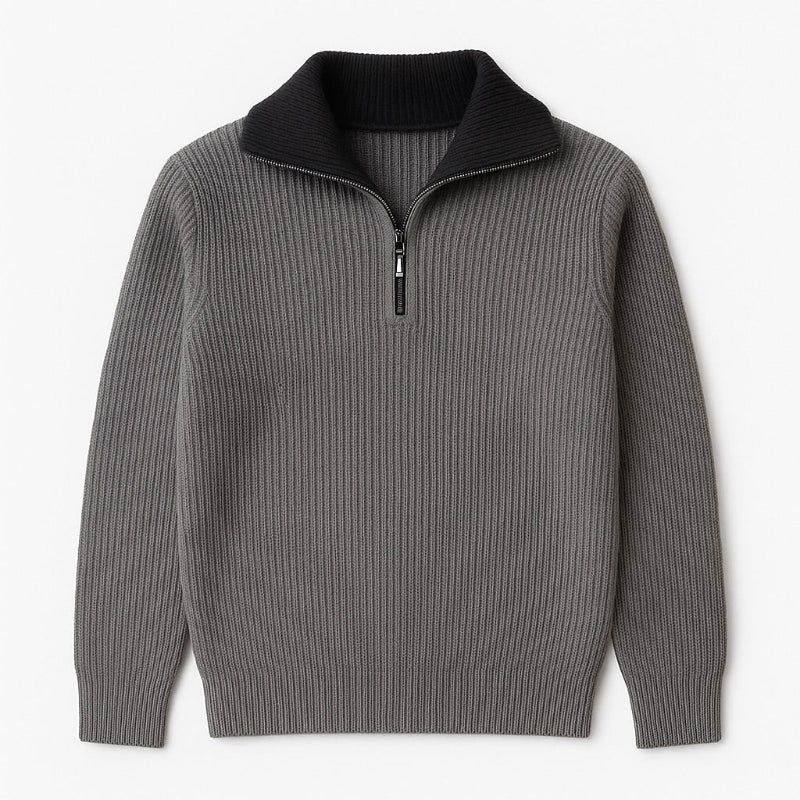 Men's ribbed quarter-zip sweater with high mock neck and long sleeves