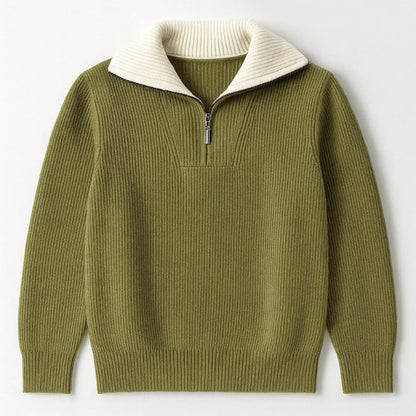 Men's ribbed quarter-zip sweater with high mock neck and long sleeves