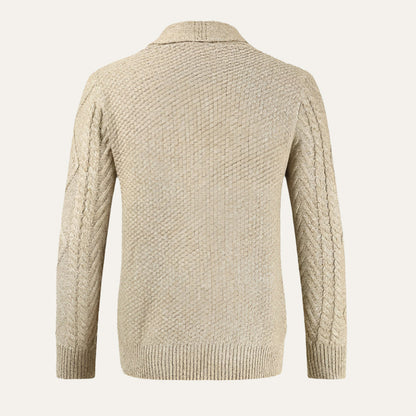 Men's textured shawl collar cardigan with button front and patch pockets