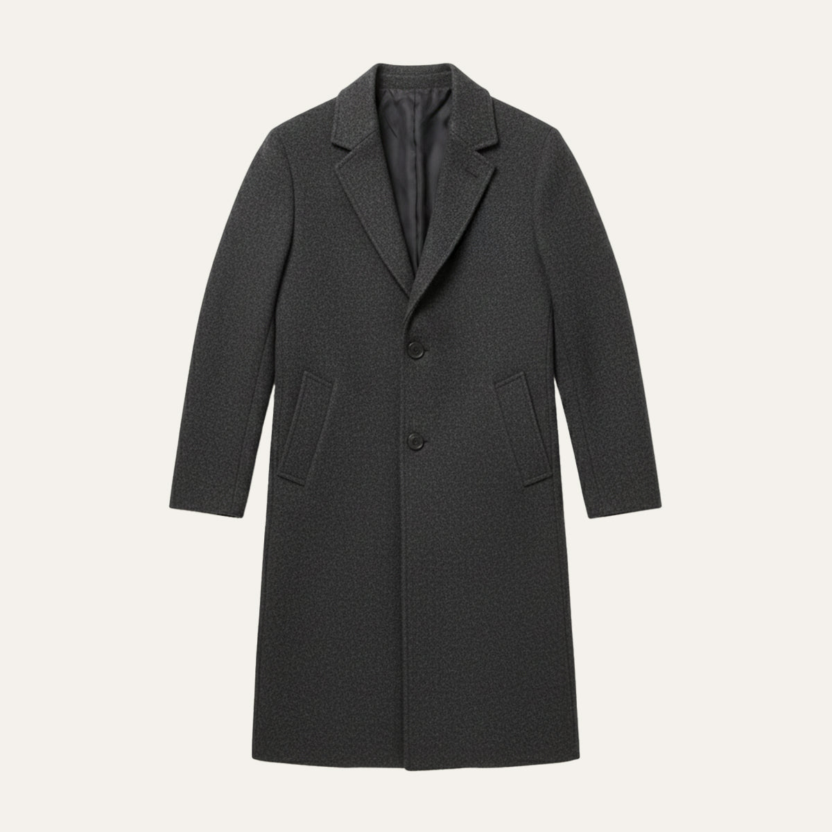 Men's long overcoat with notched lapels and side pockets