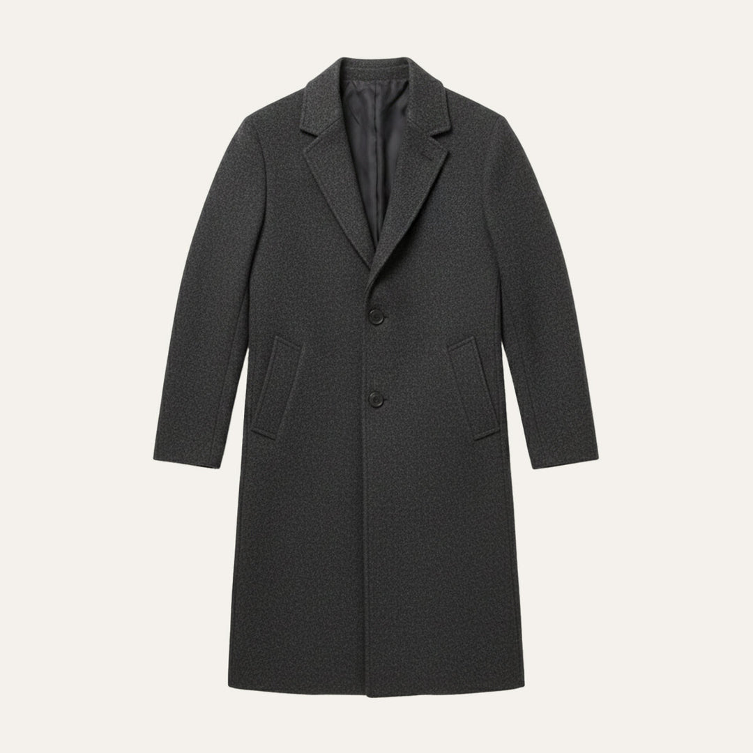 Men's longline overcoat with notched lapels, button front and side pockets