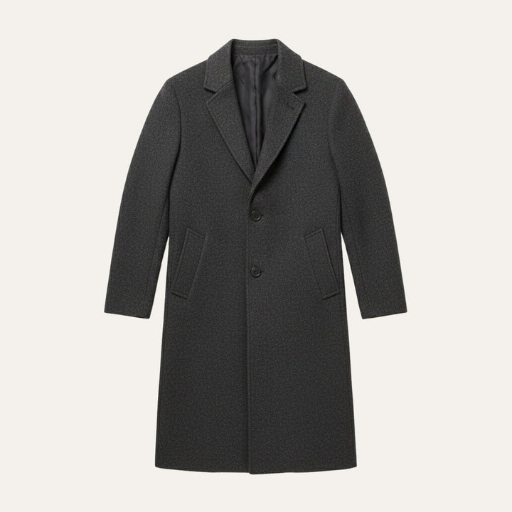 Men's longline overcoat with notched lapels, button front and side pockets
