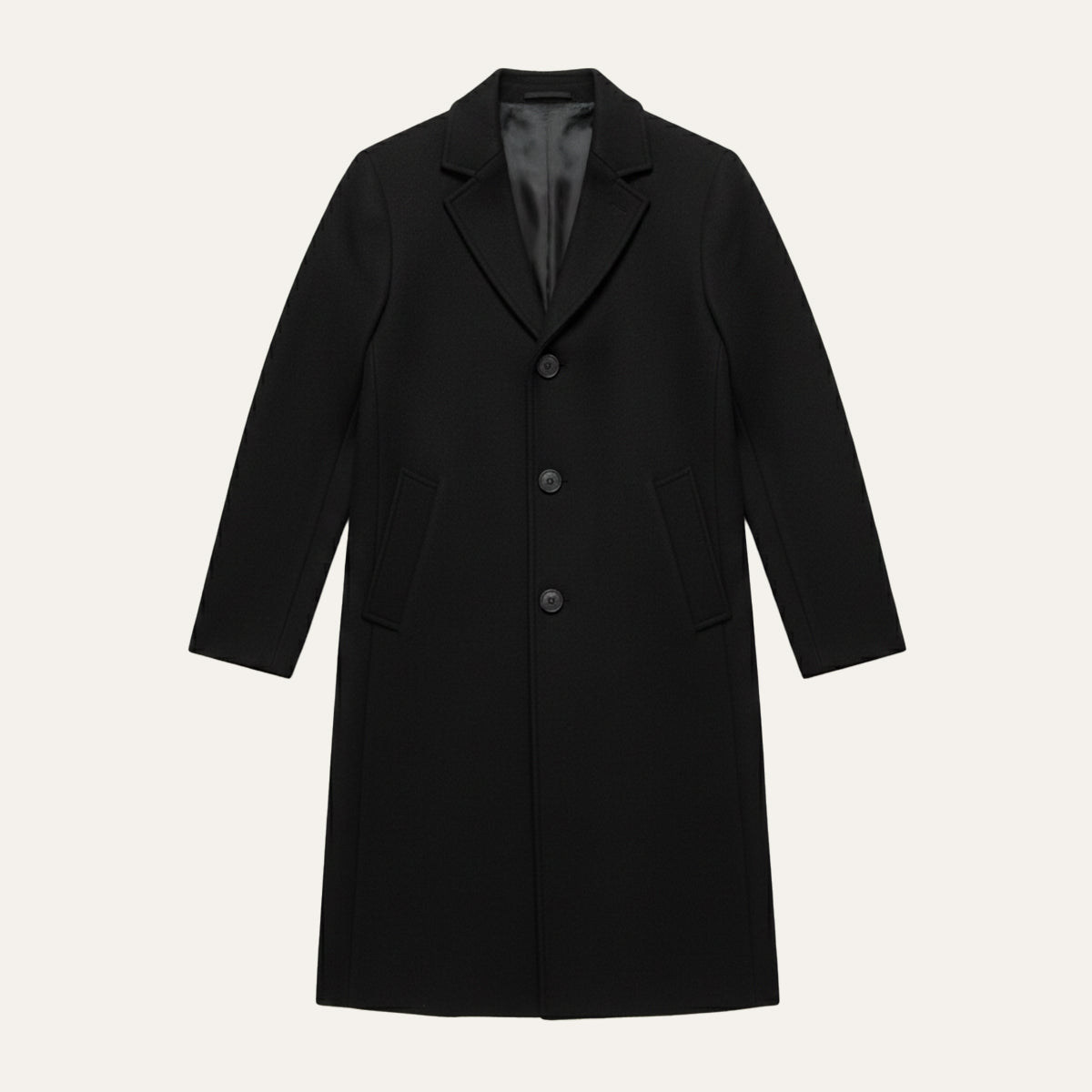 Men's long overcoat with notched lapels and side pockets