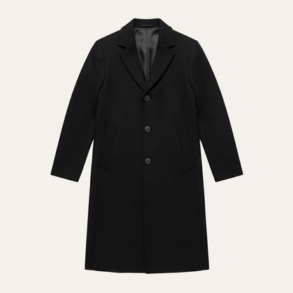 Men's long overcoat with notched lapels and side pockets