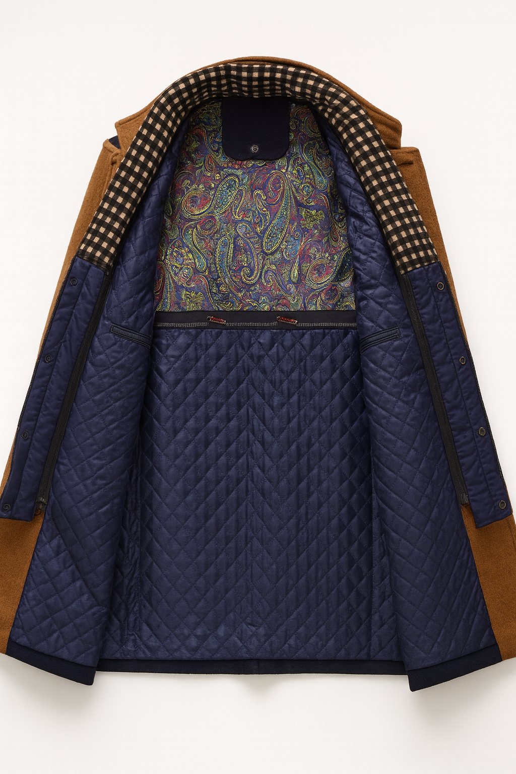 Men's structured overcoat with stand collar, button front, contrast trim and quilted lining