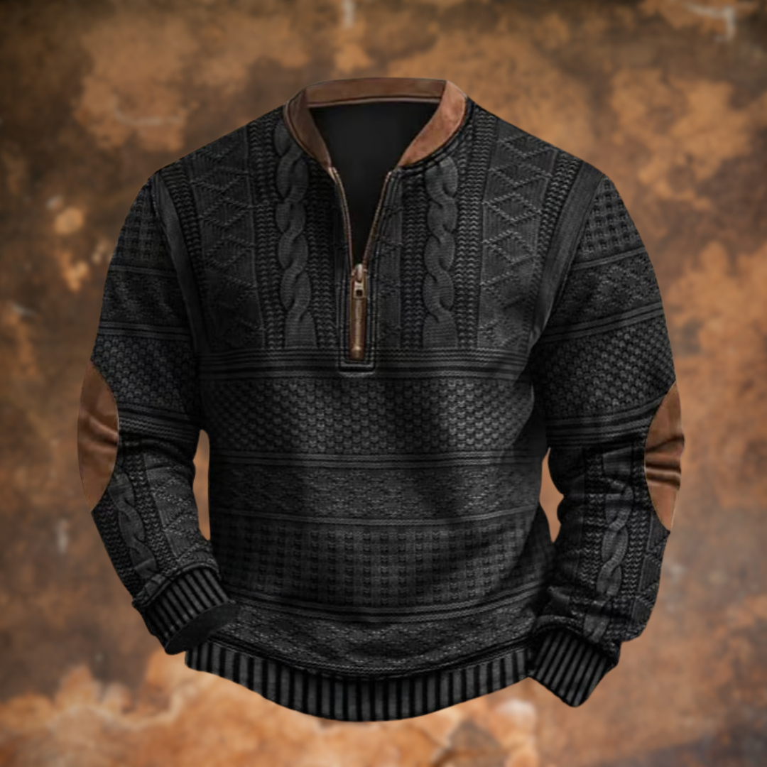 Men's textured patterned quarter-zip sweater with Mandarin collar and long sleeves
