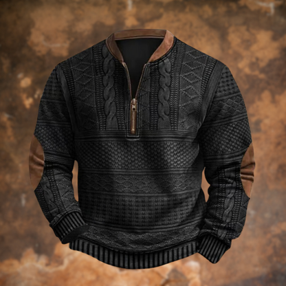 Men's textured patterned quarter-zip sweater with Mandarin collar and long sleeves
