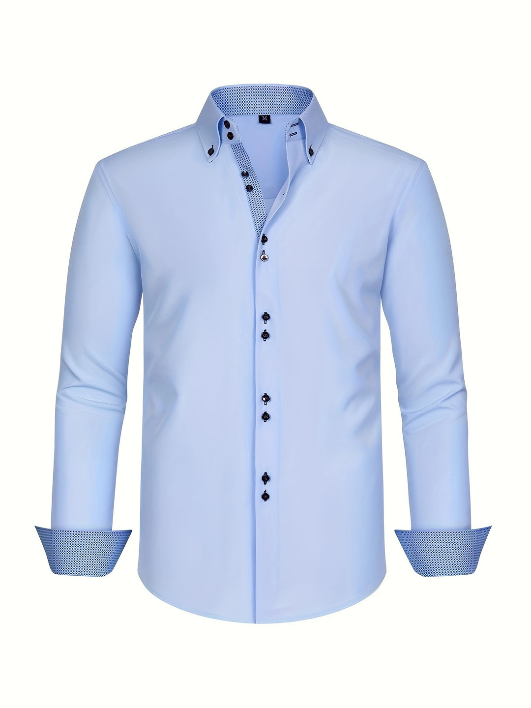 Men's long-sleeve button-down shirt with contrasting patterned cuffs and collar trim