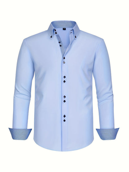 Men's long-sleeve button-down shirt with contrasting patterned cuffs and collar trim