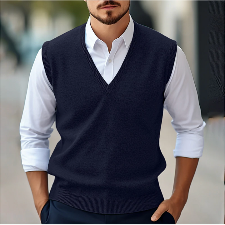 Men's sleeveless V-neck jumper vest with ribbed trim