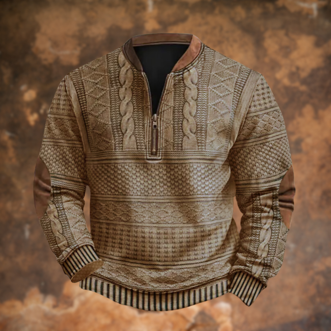 Men's textured patterned quarter-zip sweater with Mandarin collar and long sleeves