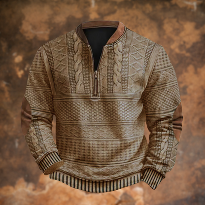 Men's textured patterned quarter-zip sweater with Mandarin collar and long sleeves