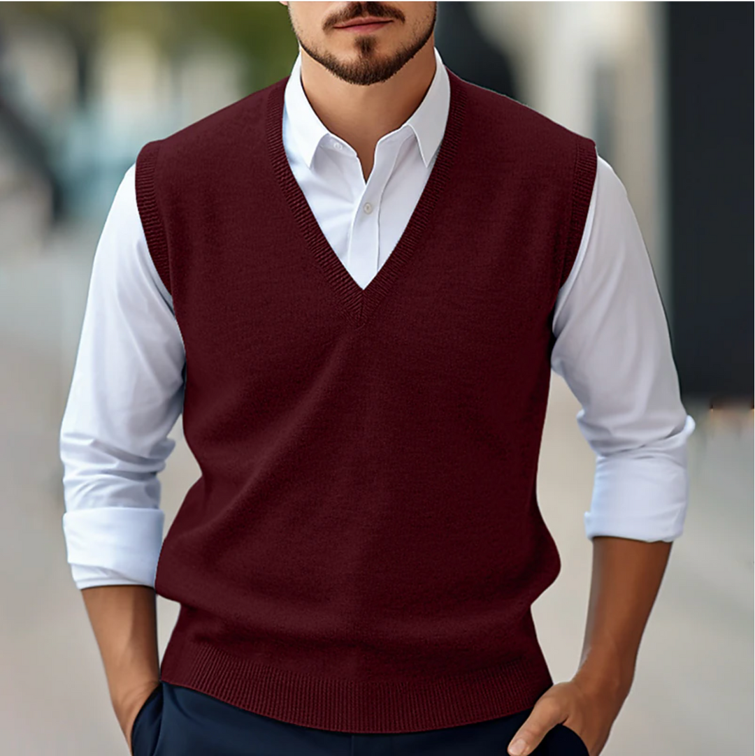 Men's sleeveless V-neck jumper vest with ribbed trim
