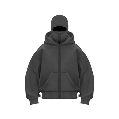 Men's oversized zip-up hooded sweatshirt with long sleeves and front pockets