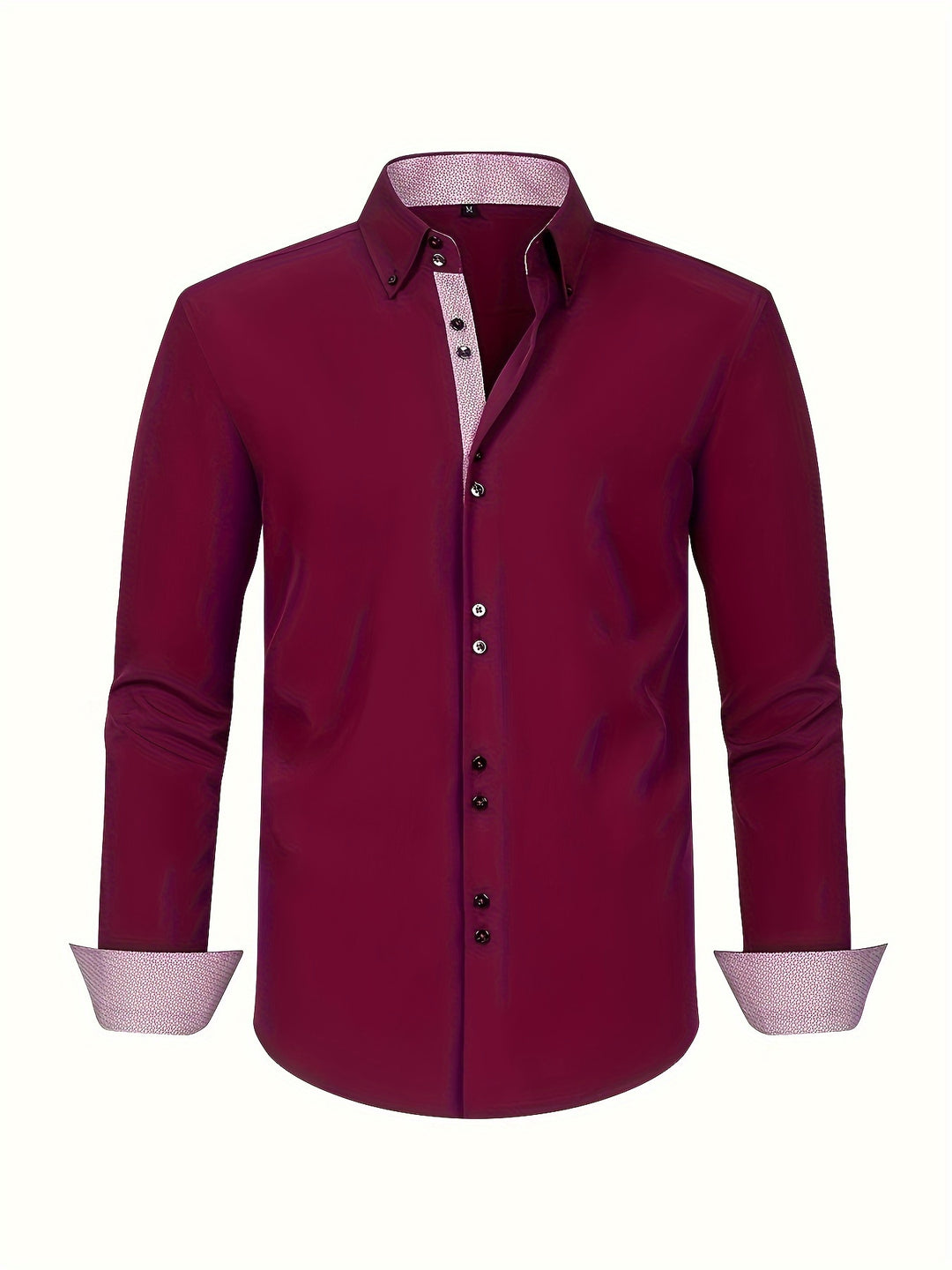 Men's long-sleeve button-down shirt with contrasting patterned cuffs and collar trim